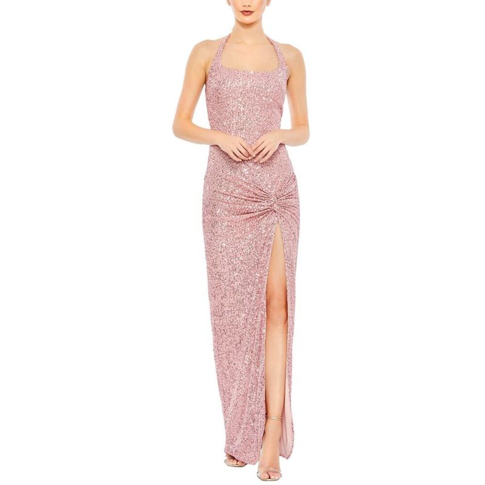 Mac Duggal Womens  Sequined Halter Strap Low Side Knot Gown